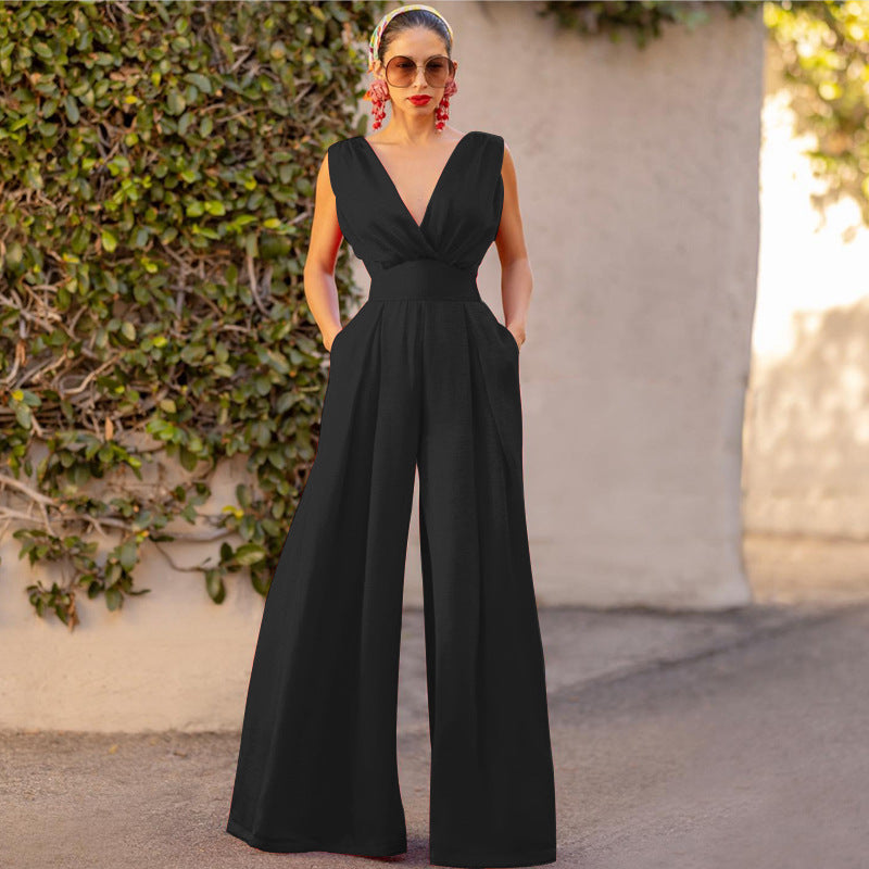 Damen eleganter Jumpsuit mit tiefem V-Ausschnitt und weitem Bein Sovae