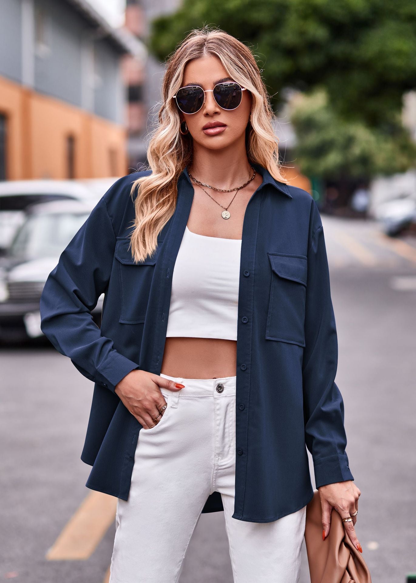Damen lässige Hemdjacke mit großen aufgesetzten Taschen Sovae