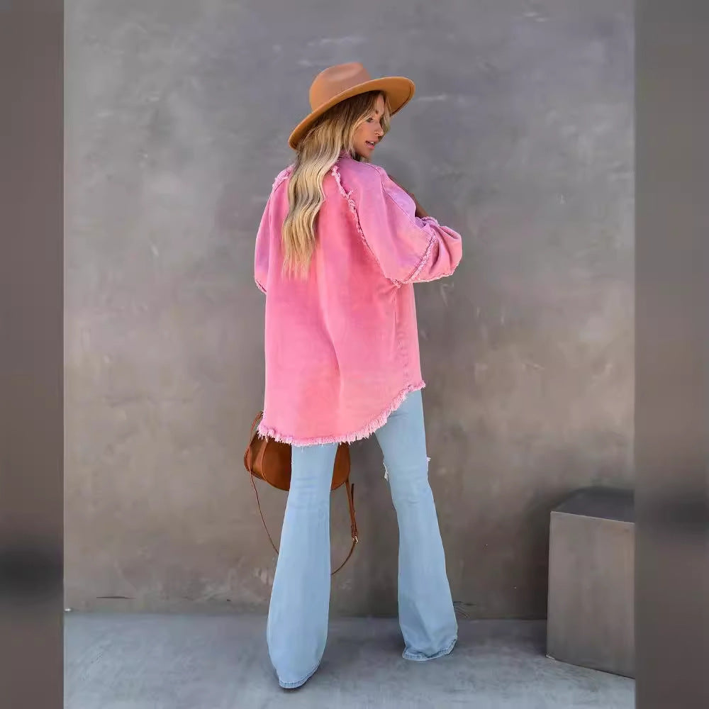 Damen übergroße Denim-Hemdenjacke mit fransigen Details Sovae