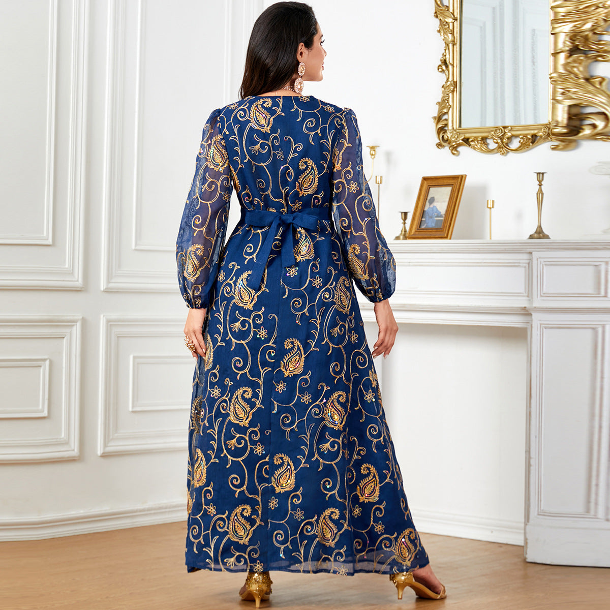 Damen Besticktes Maxikleid mit transparenten Ärmeln Sovae