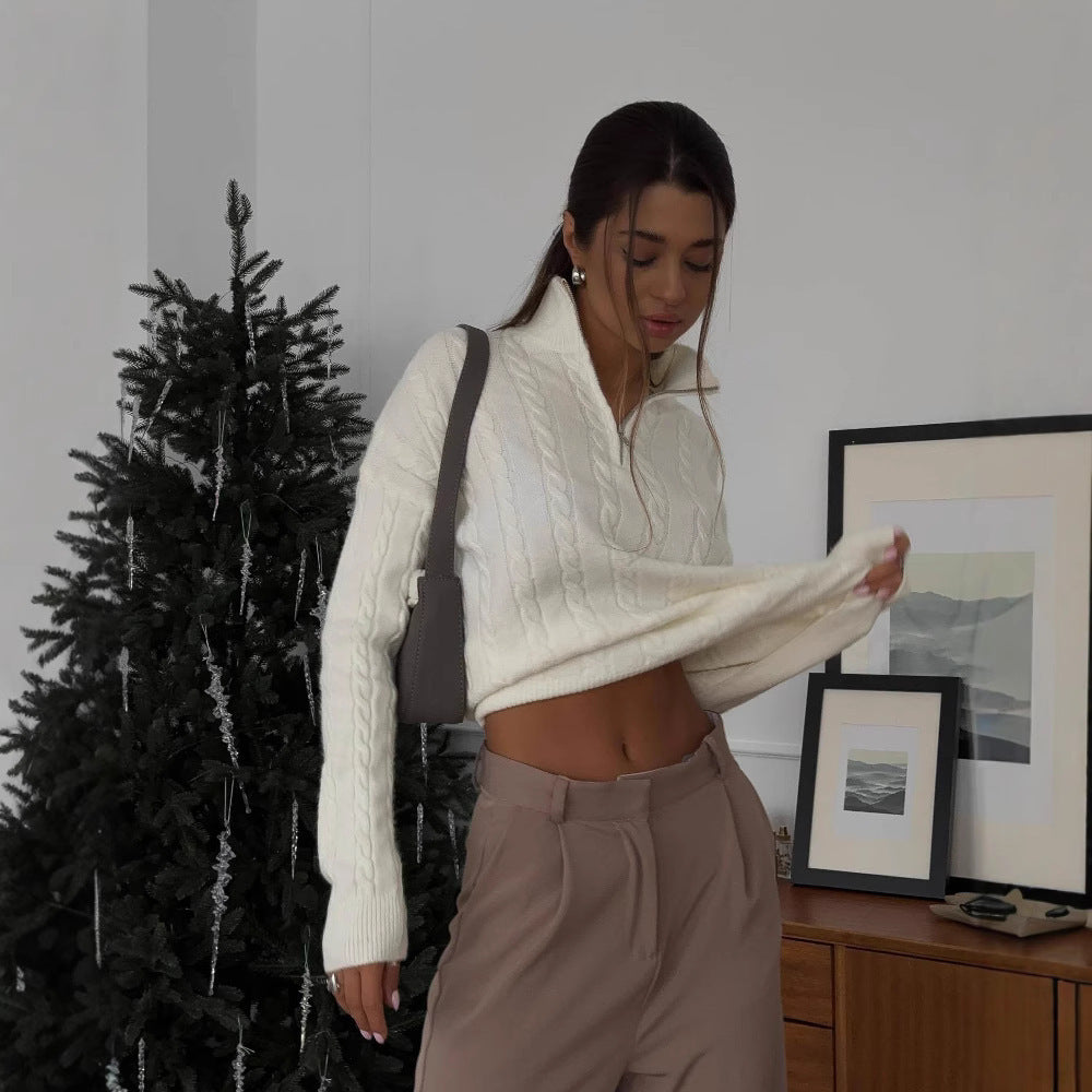 Damen Strickpullover mit Zopfmuster und kurzem Schnitt Sovae