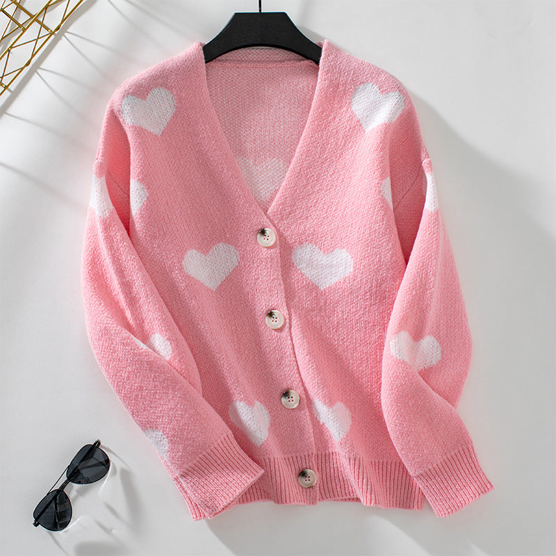 Damen modische Strickjacke mit Herzmotiven und Knöpfen Sovae