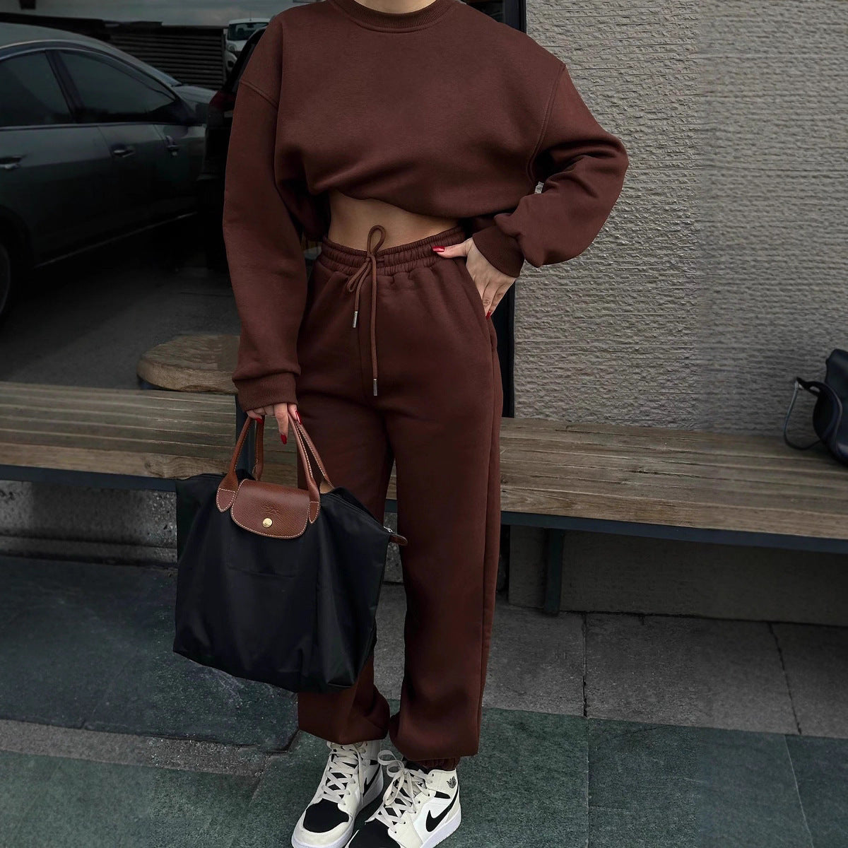Damen elegantes und lässiges Zweiteiler-Set mit bequemem Cropped-Sweatshirt und weiten Jogginghosen Sovae