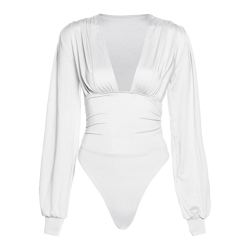 Damen Eleganter Langarm-Bodysuit mit V-Ausschnitt Sovae