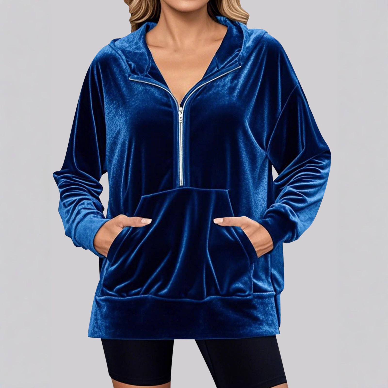 Damen Lässiger Velvet Hoodie mit praktischem Reißverschluss und Kängurutasche Sovae