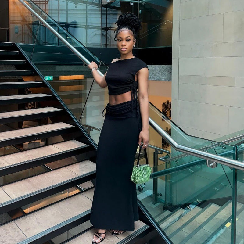 Damen modisches Crop-Top und Maxirock Set mit asymmetrischem Design Sovae