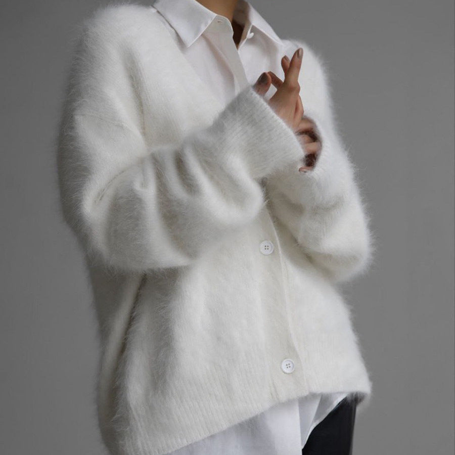 Damen kuschelige Strickjacke mit weichem Mohair-Mix und eleganter Knopfleiste