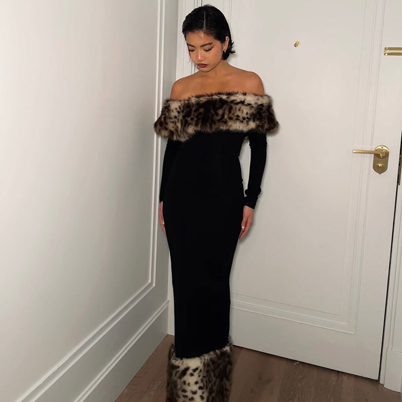 Damen Figurbetontes Maxikleid mit abnehmbaren Pelzbesätzen Sovae