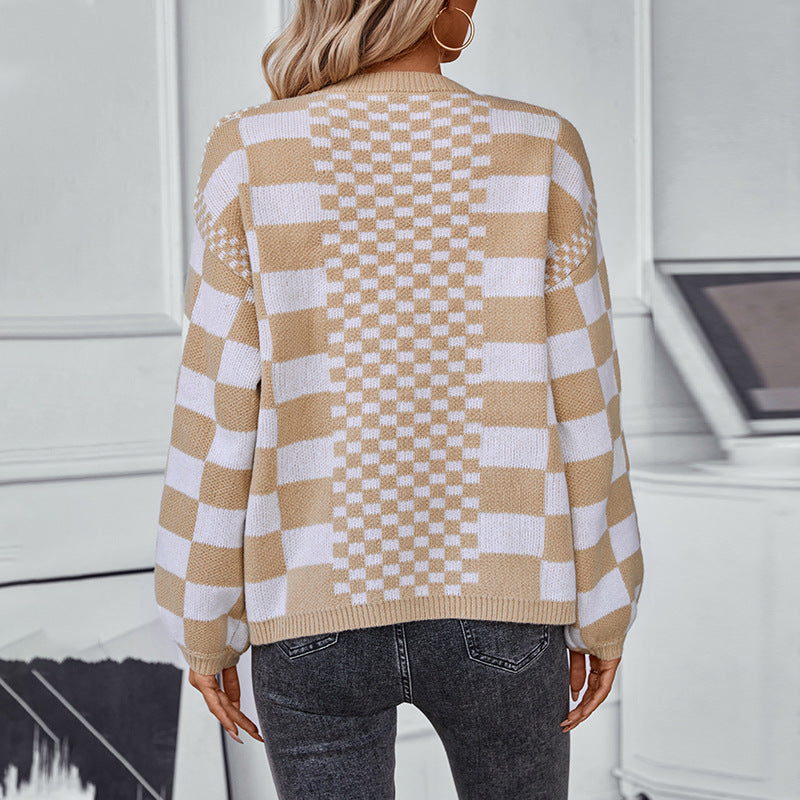 Damen lässige Strickjacke im modischen Karomuster Sovae