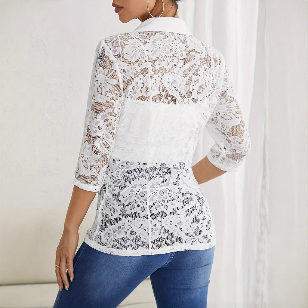 Damen Eleganter Spitzenblazer mit transparenten Ärmeln Sovae