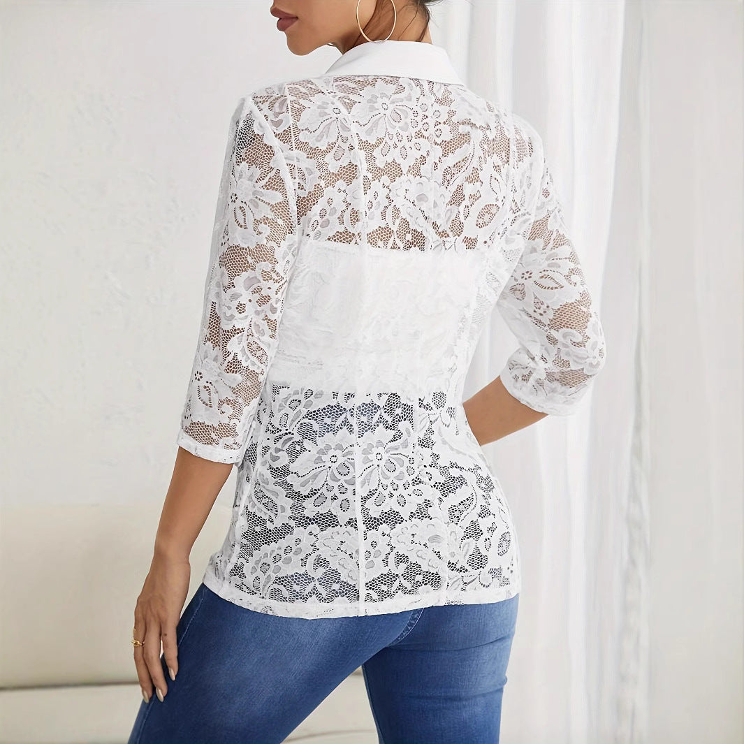 Damen Eleganter Spitzenblazer mit transparenten Ärmeln Sovae