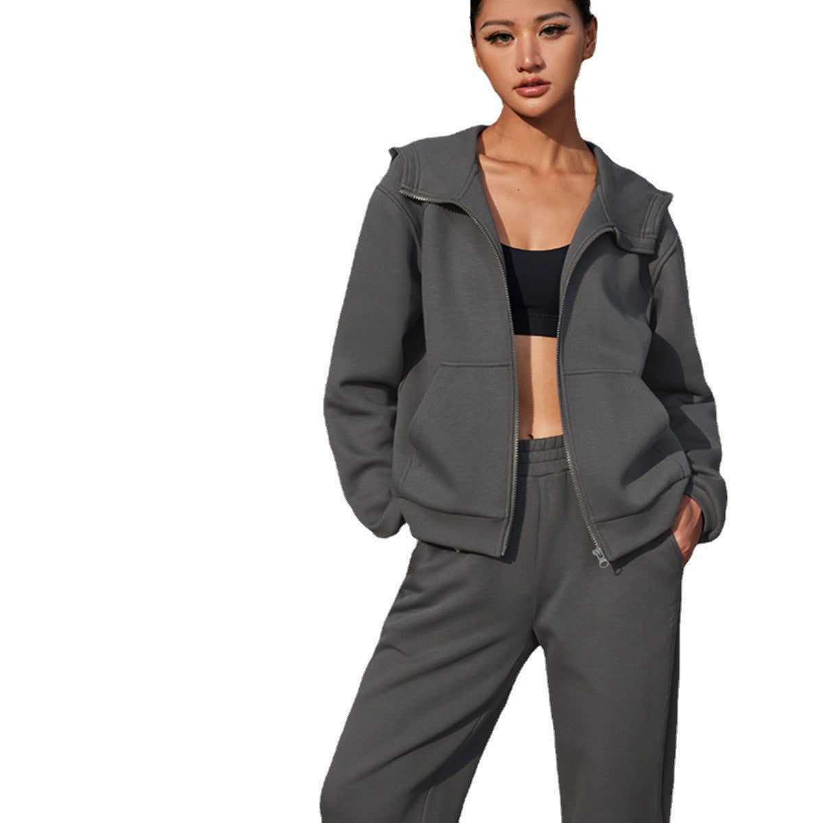 Damen sportliches Fleece-Set mit Kapuze und Reißverschluss Sovae