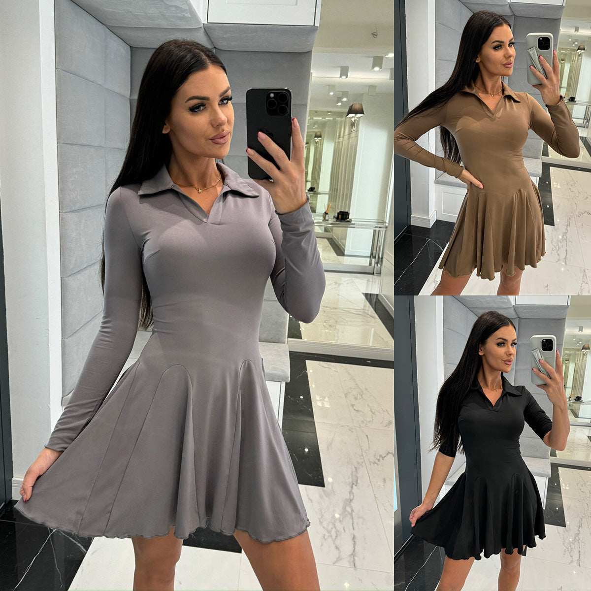 Damen ausgestelltes A-Linien-Kleid mit Polo-Kragen Sovae