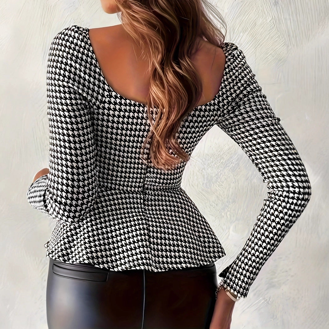 Damen Peplum-Oberteil mit Hahnentrittmuster Sovae