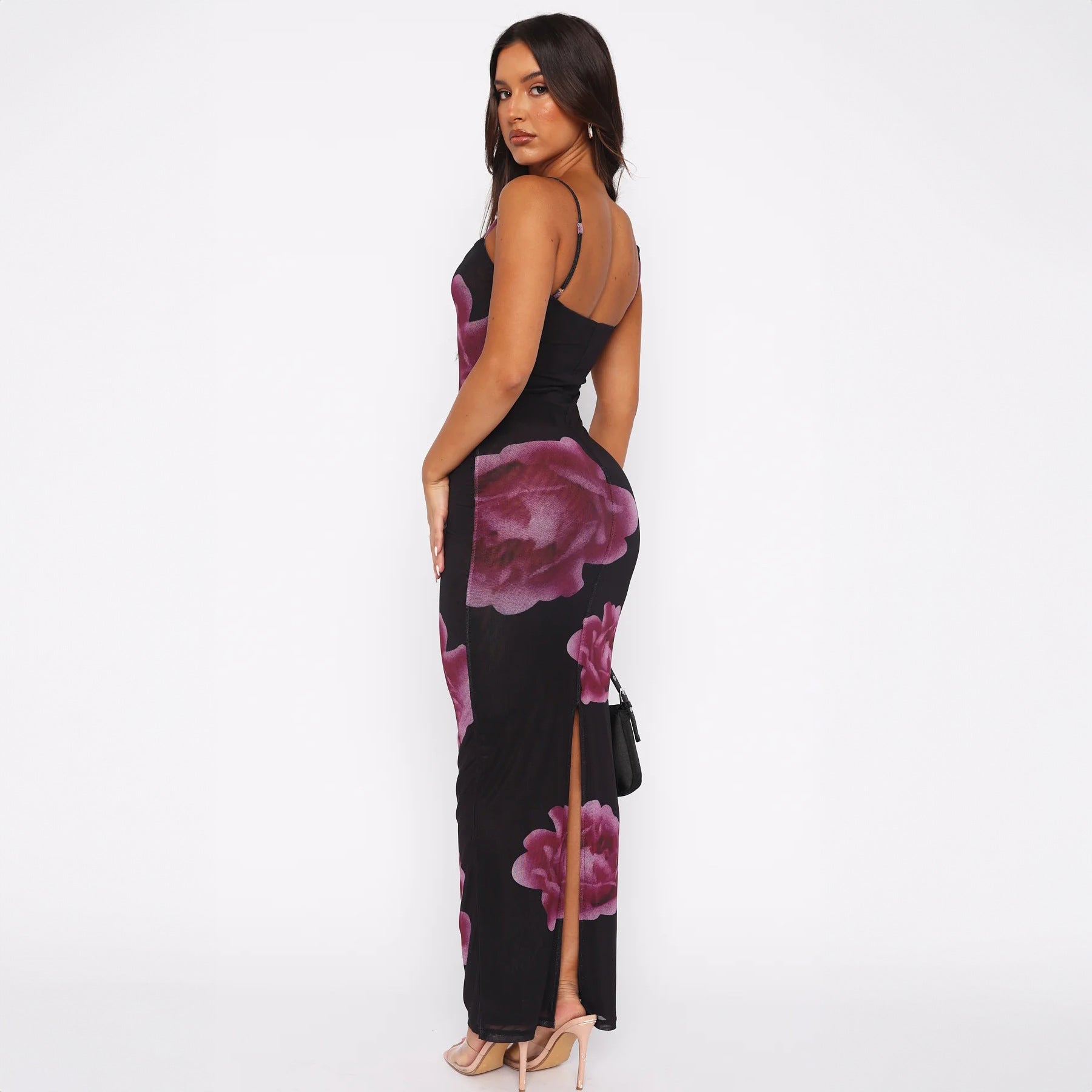 Damen Transparente Maxikleid mit floralem Design und feinen Spaghettiträgern Sovae