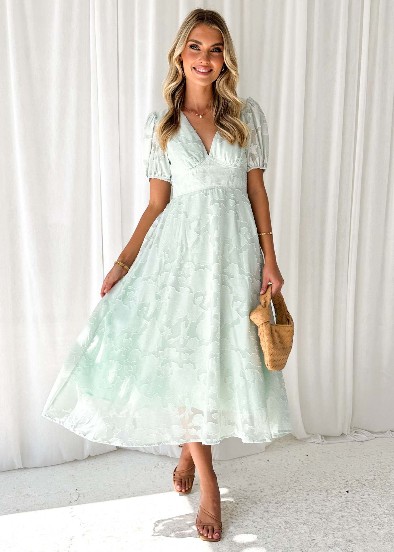 Damen elegantes Maxikleid mit Puffärmeln und V-Ausschnitt Sovae