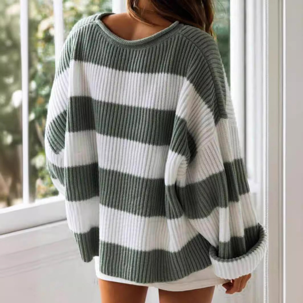 Damen gestreifter Strickpullover mit weitem Schnitt Sovae
