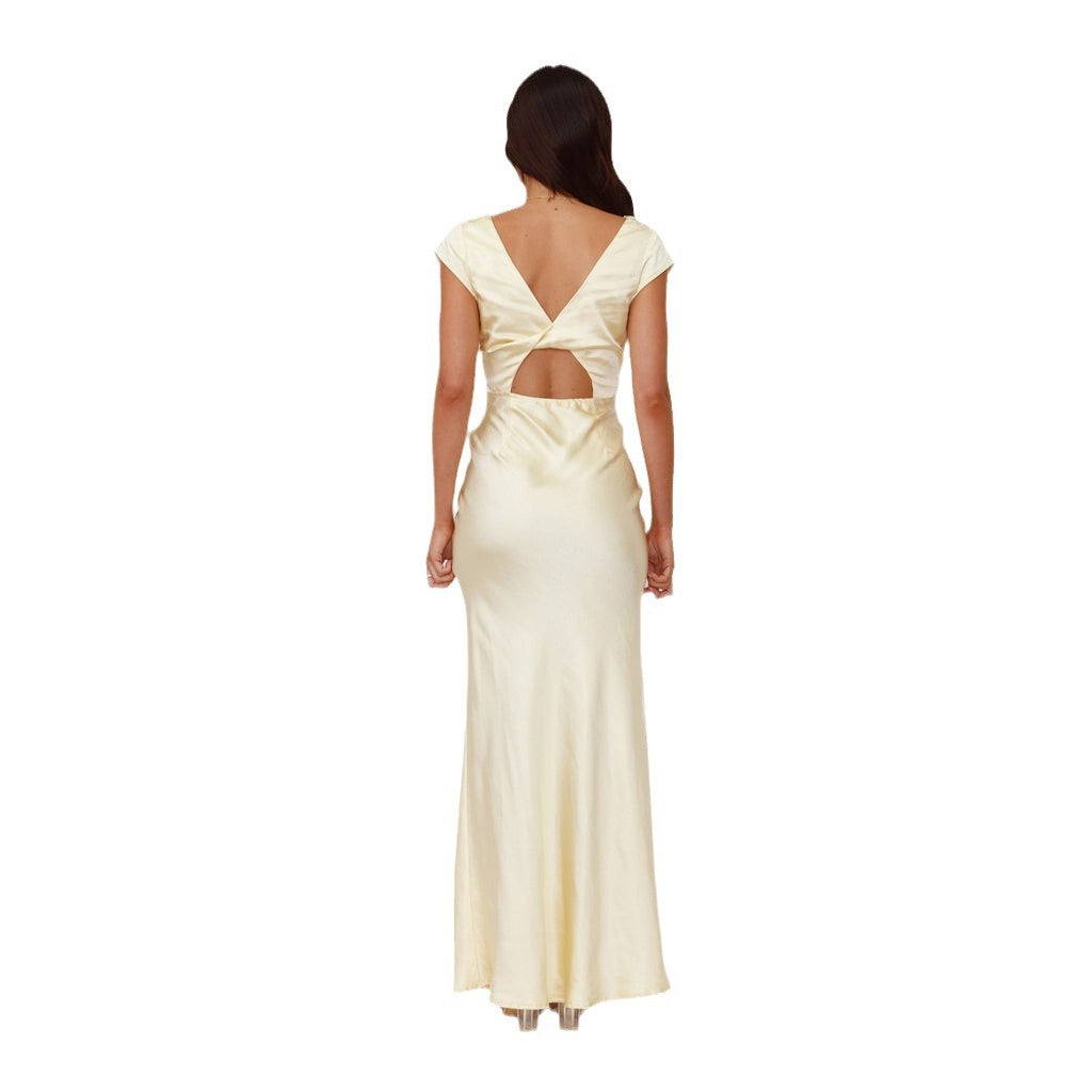 Damen elegantes Satin Maxikleid mit tiefem V-Ausschnitt Sovae