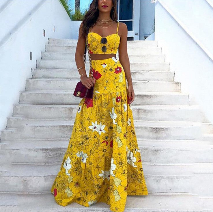 Damen Maxikleid mit floralem Oberteil und schwingendem Rock Sovae