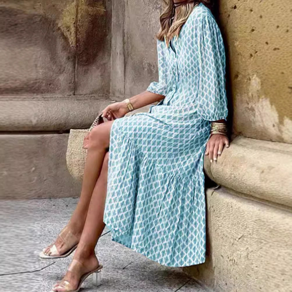 Damen Midi-Kleid mit eleganten Knopfdetails und voluminösen Ärmeln Sovae