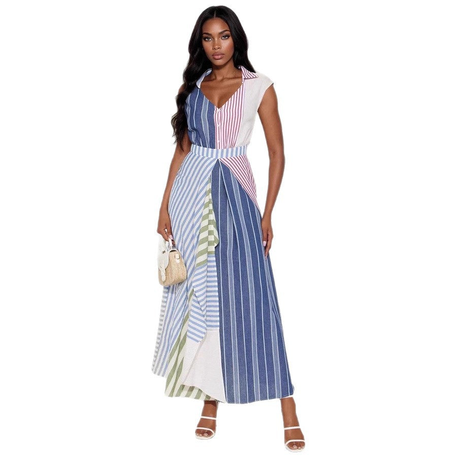 Damen Maxikleid mit verschiedenen Streifenmustern und tailliertem Schnitt Sovae