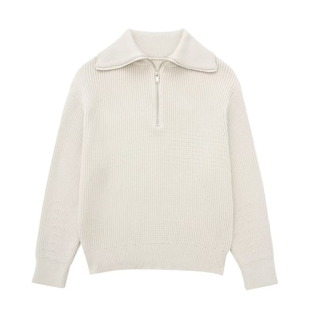 Damen modischer Strickpullover mit halbem Reißverschluss und Streifenmuster Sovae