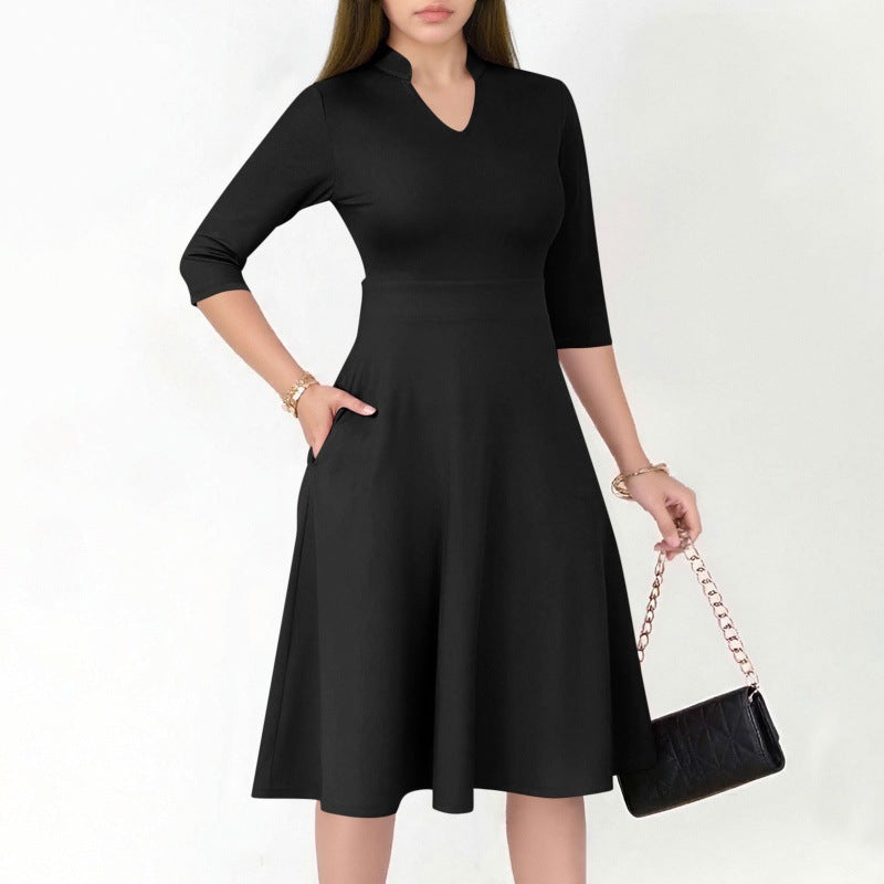 Damen A-Linien Kleid mit 3/4 Ärmeln und seitlichen Taschen Sovae