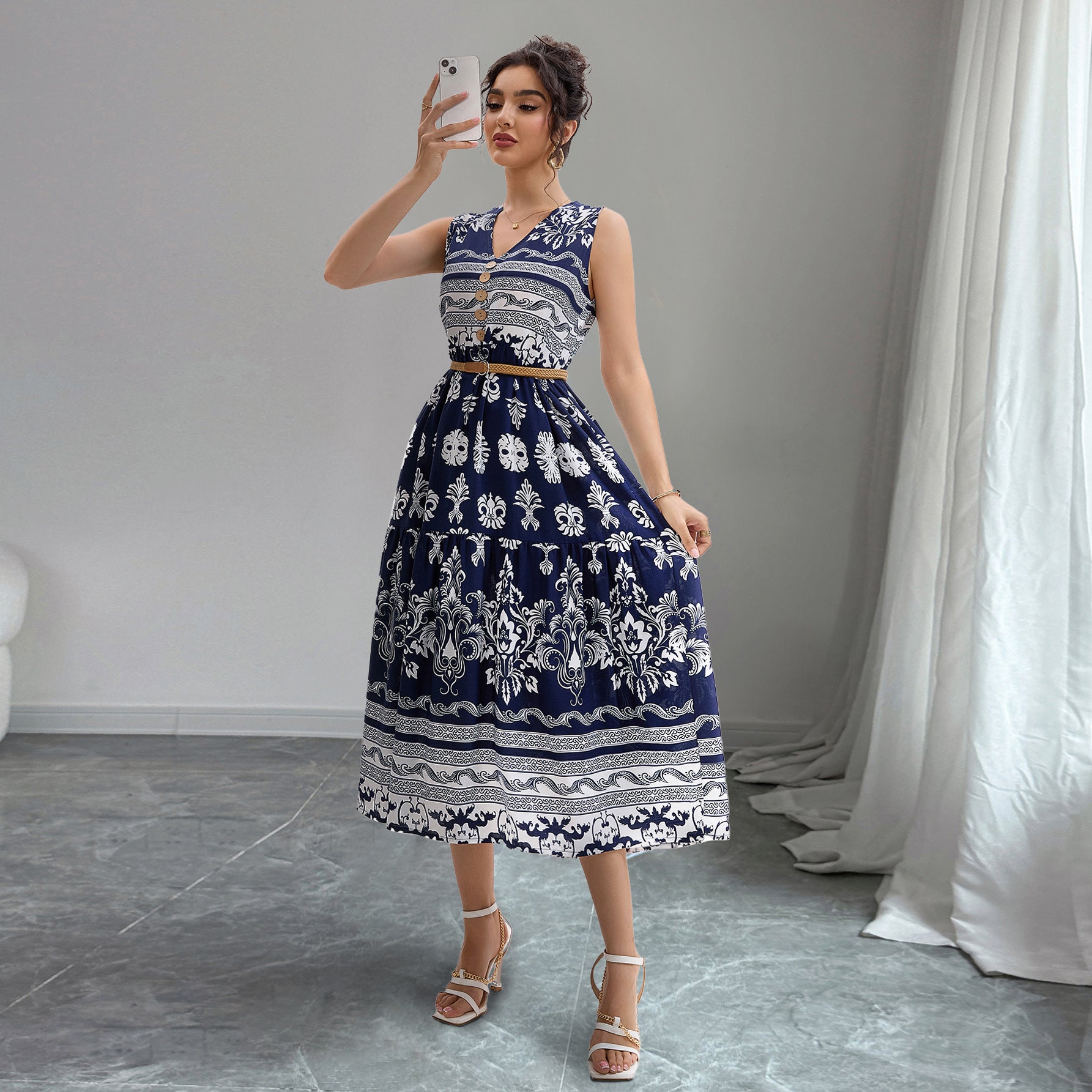 Damen Knielanges Kleid mit floralen Mustern Sovae