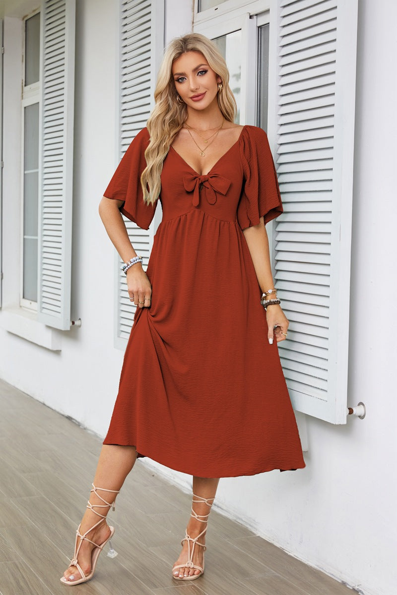 Damen Midikleid mit vorteilhaftem Bindeband und weiten Ärmeln Sovae