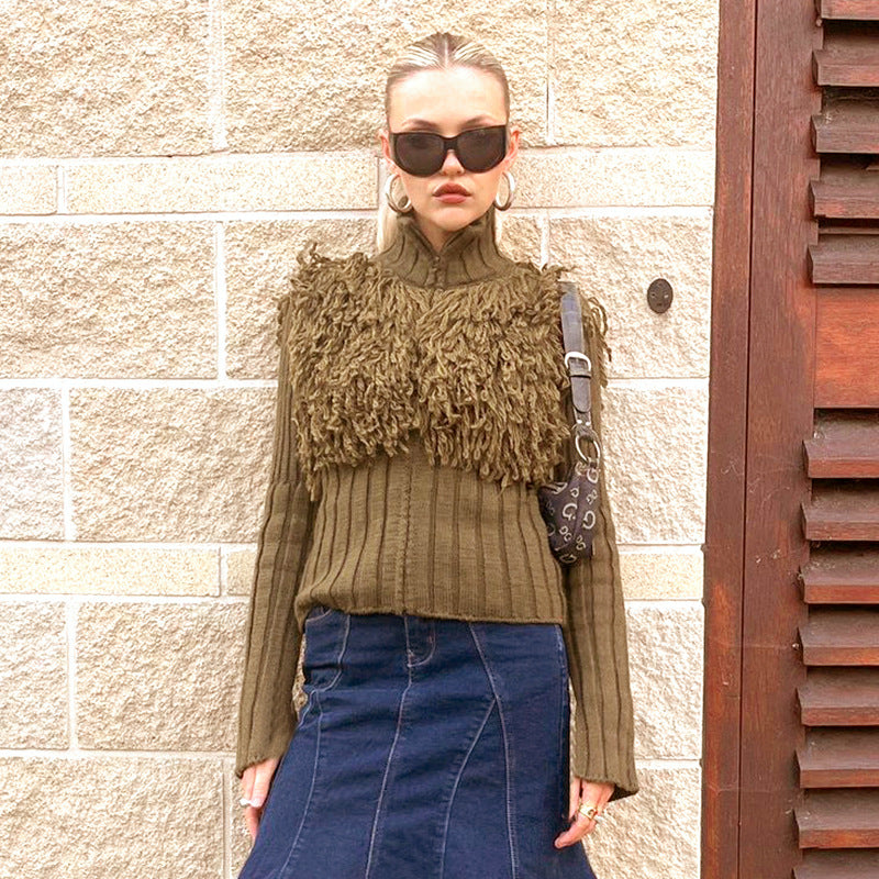 Damen modischer Strickpullover mit auffälligem Mokkaschaumkragen Sovae