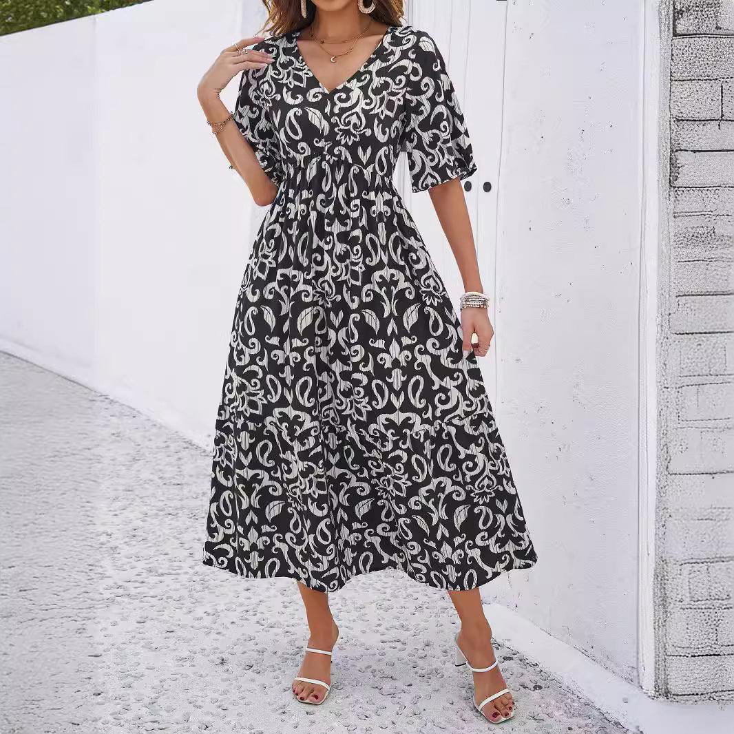Damen Maxikleid mit floralen Mustern und V-Ausschnitt Sovae