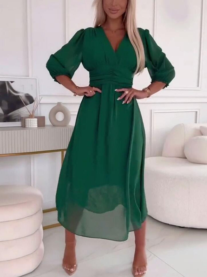 Damen Midikleid mit raffiniertem V-Ausschnitt und Puffärmeln Sovae