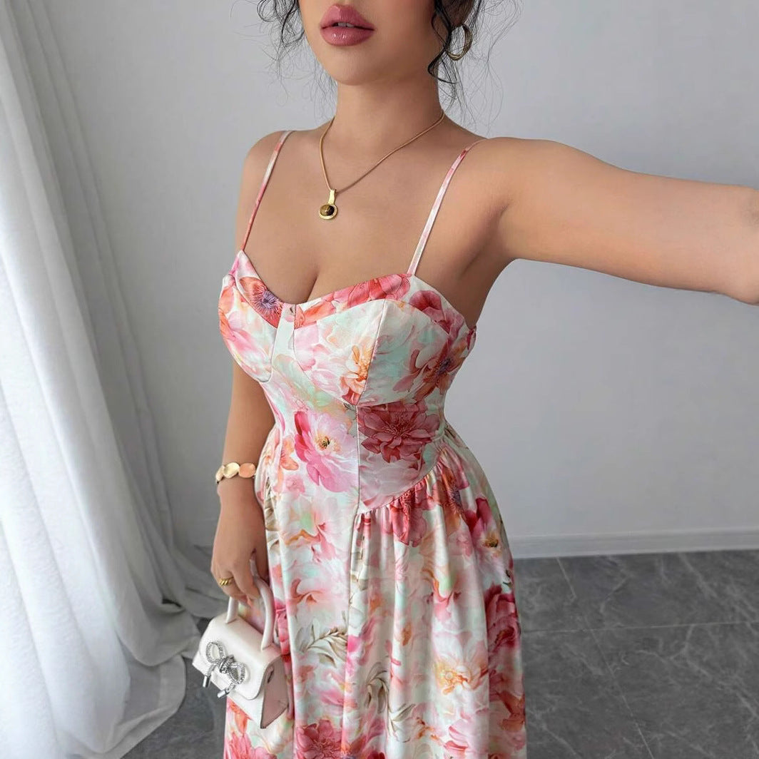 Damen Elegantes Blumenmuster Maxikleid Sovae