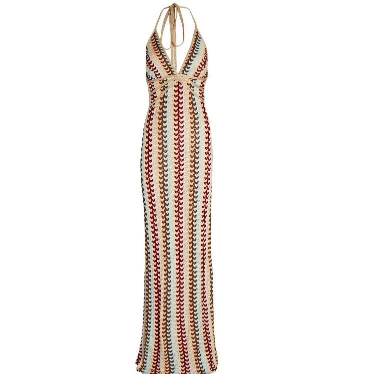 Damen Maxikleid mit raffiniertem Halterneck-Design und gestreiftem Muster Sovae