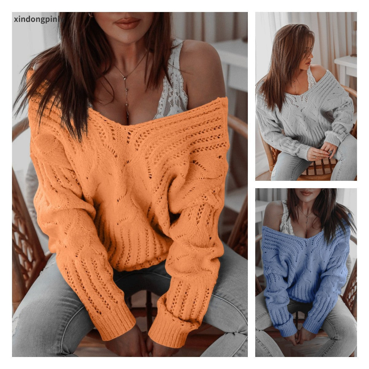 Damen Strickpullover mit offener Schulter und filigranem Lochmuster Sovae
