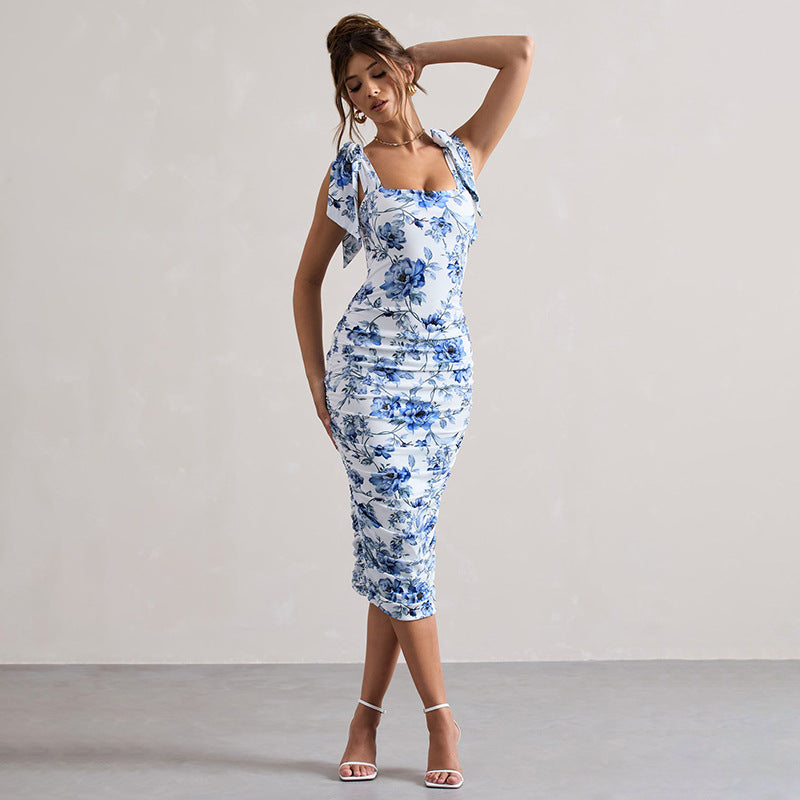 Damen figurbetontes Midikleid mit Blumenmuster Sovae