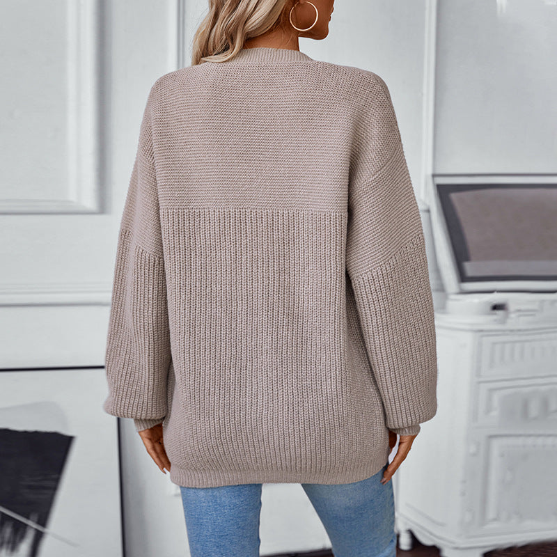 Damen lockere Strickjacke mit V-Ausschnitt und Strukturmuster Sovae