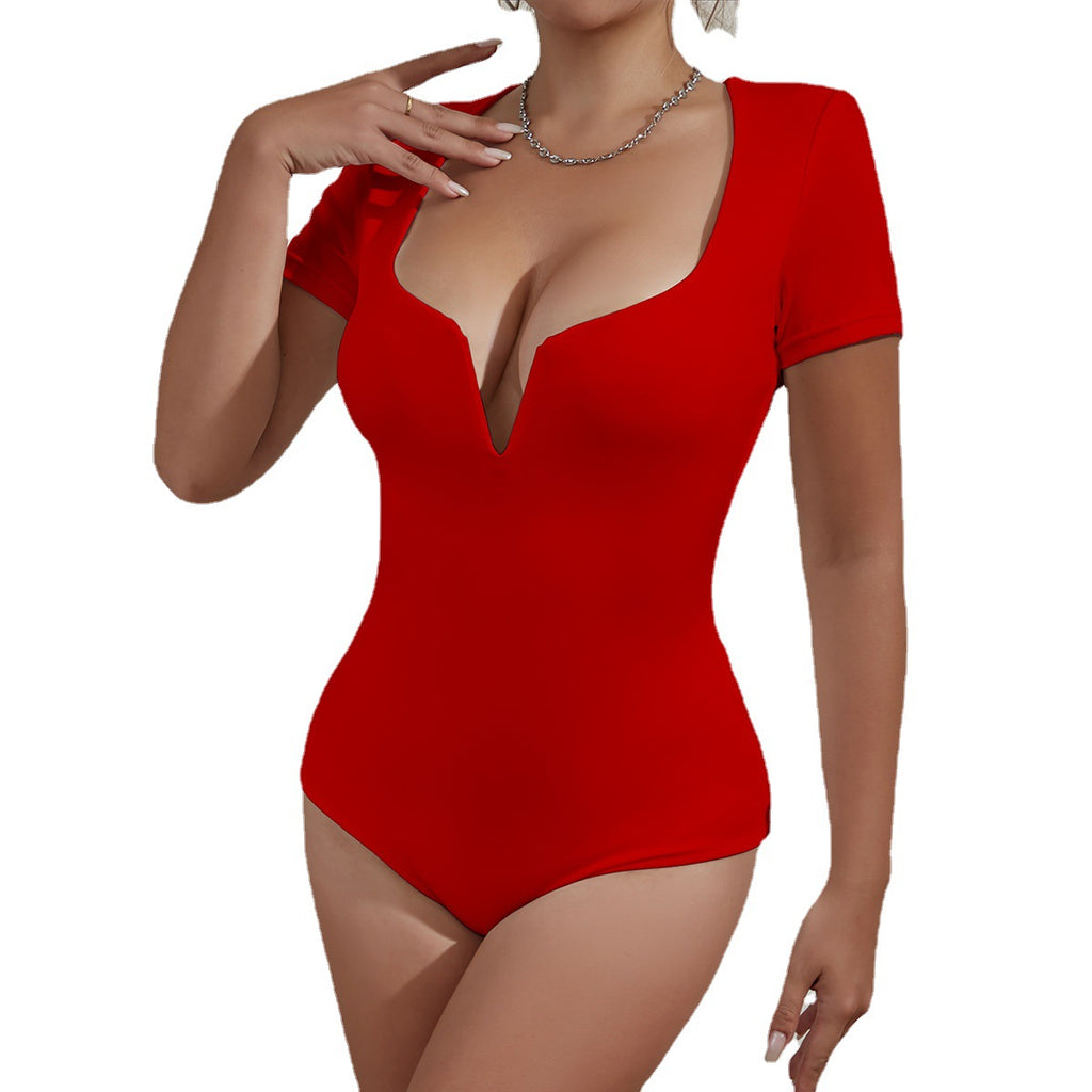 Damen Bodysuit mit tiefem V-Ausschnitt und kurzen Ärmeln Sovae