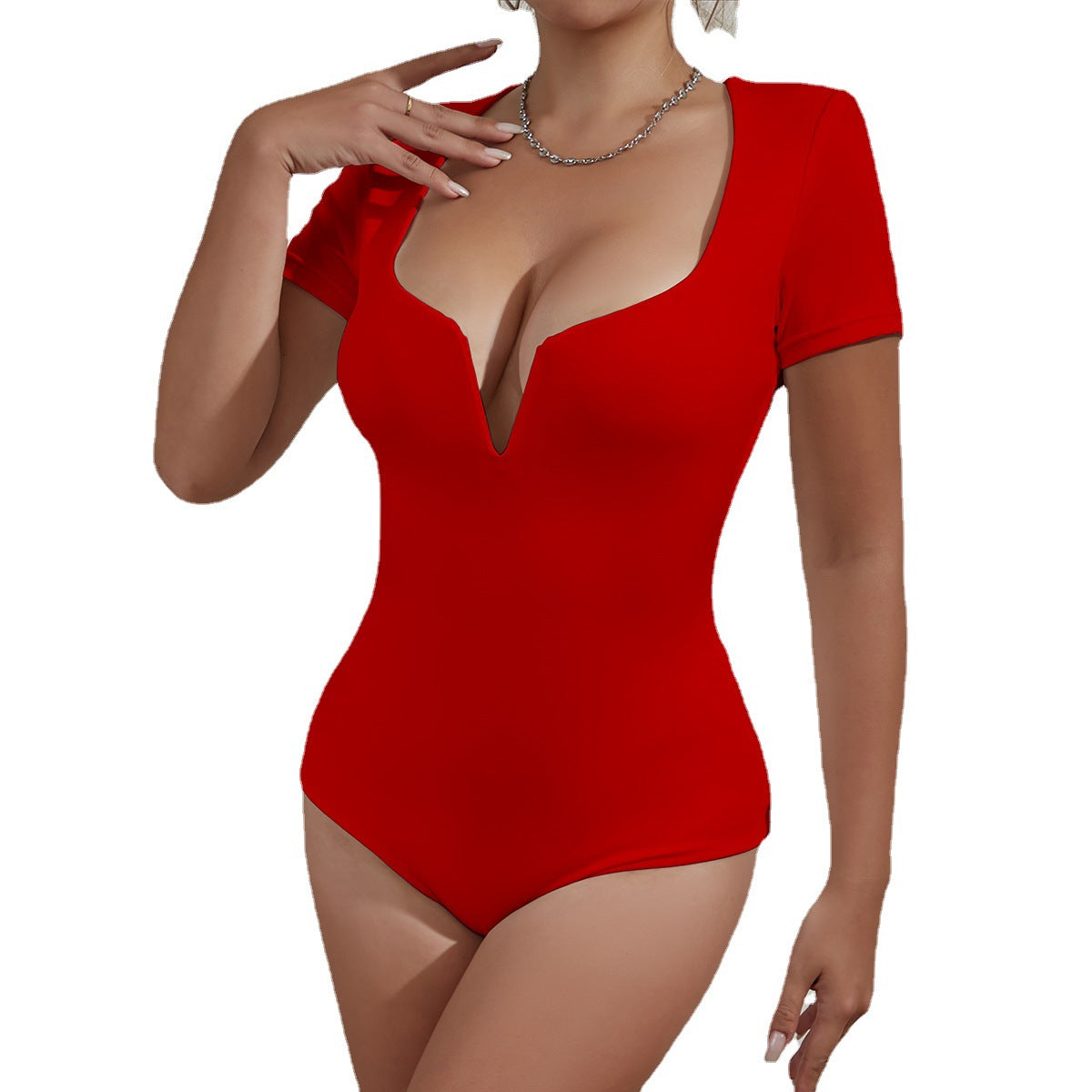 Damen Bodysuit mit tiefem V-Ausschnitt und kurzen Ärmeln Sovae
