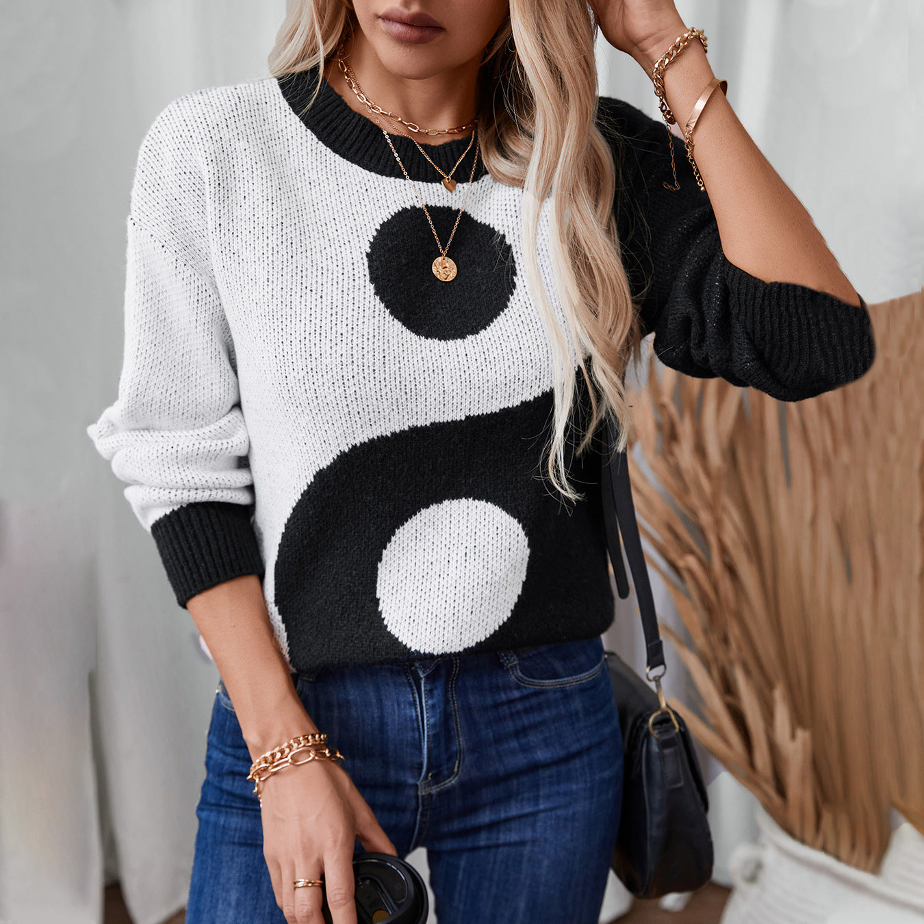 Damen modischer Pullover mit Yin-Yang-Motiv Sovae