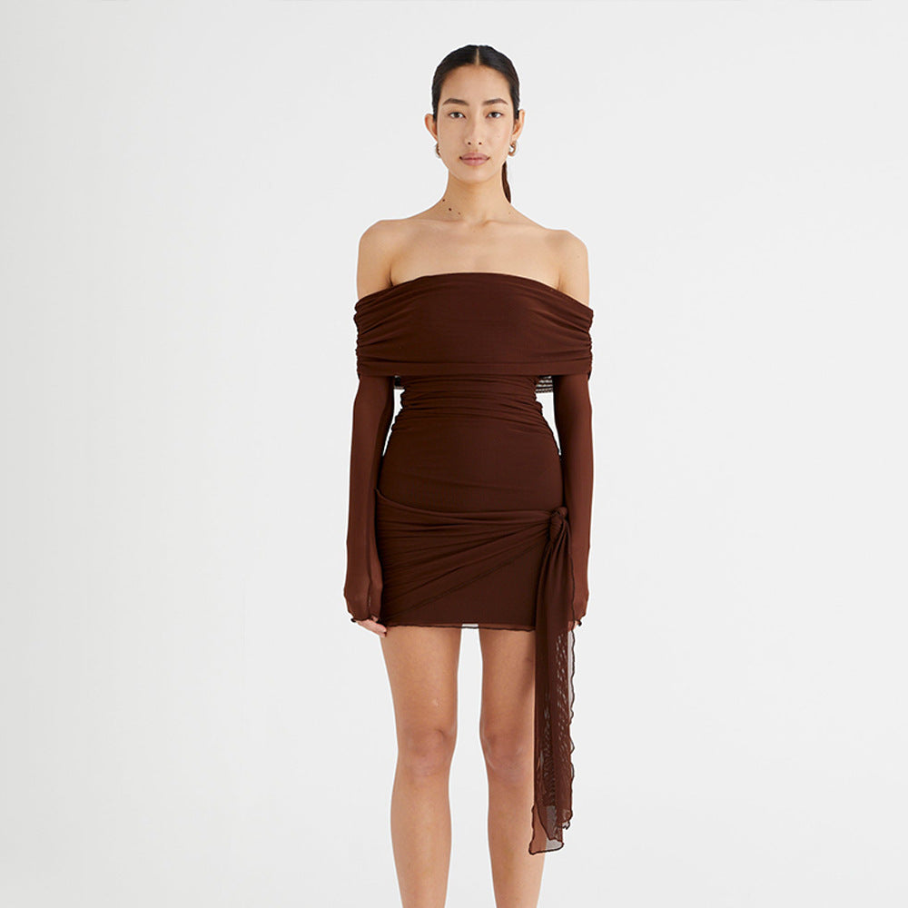 Damen Off-Shoulder Minikleid mit Drapierung und transparenten Ärmeln Sovae
