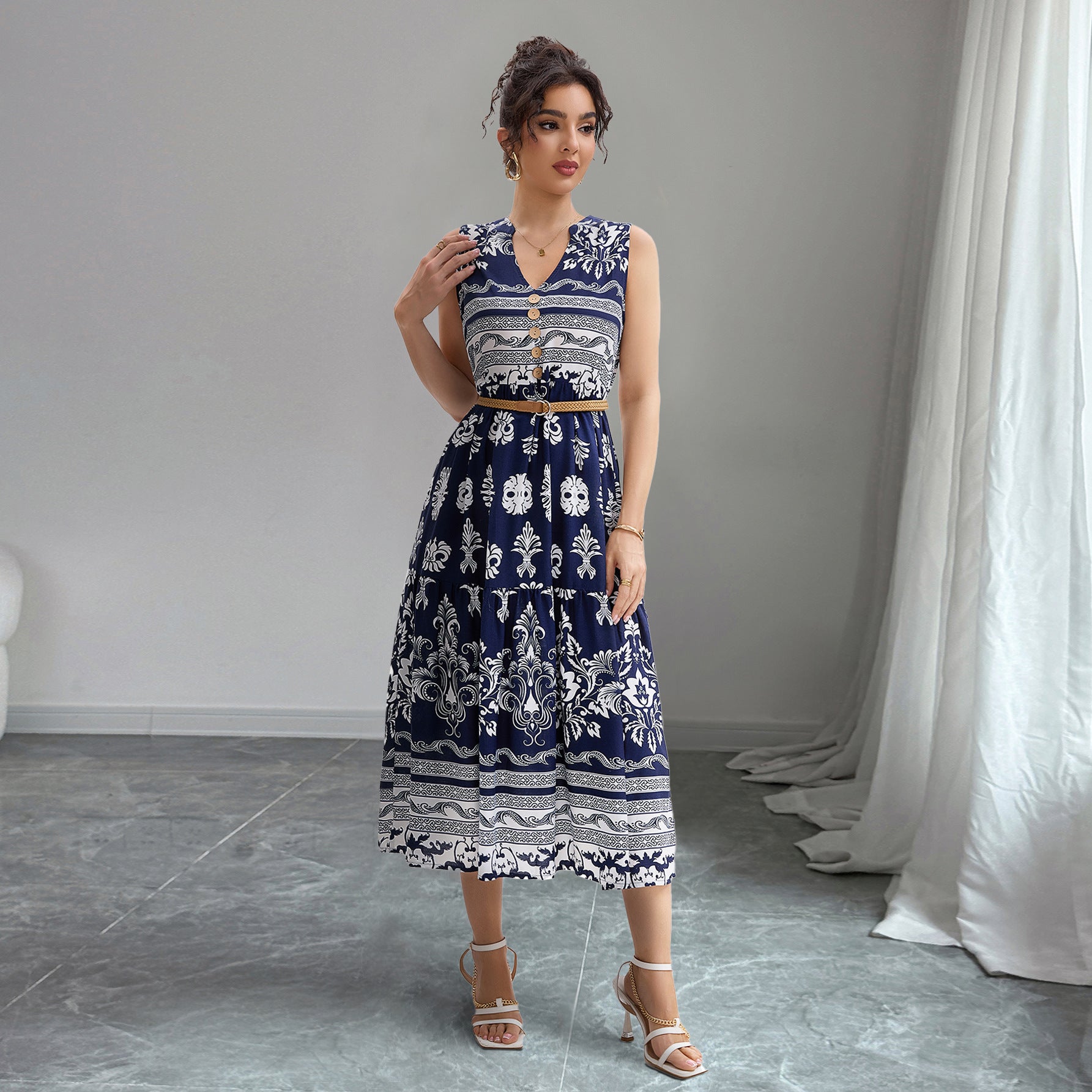 Damen Knielanges Kleid mit floralen Mustern Sovae