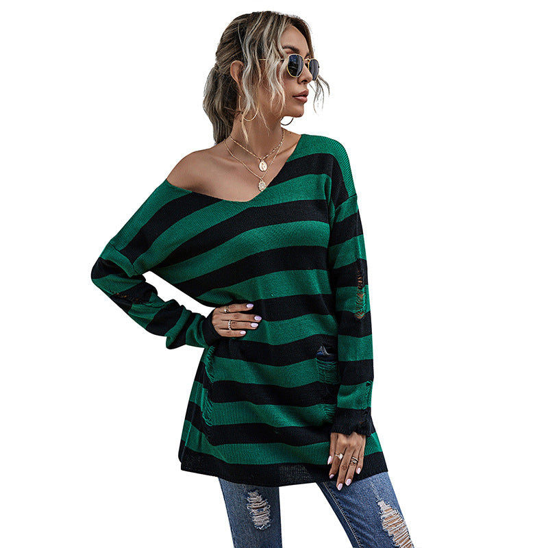 Damen gestreifter Oversized Pullover mit tiefem V-Ausschnitt und trendigen Cut-Outs Sovae