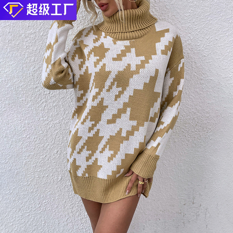 Damen Oversized Pullover mit Hohem Kragen und Modernem Muster Sovae