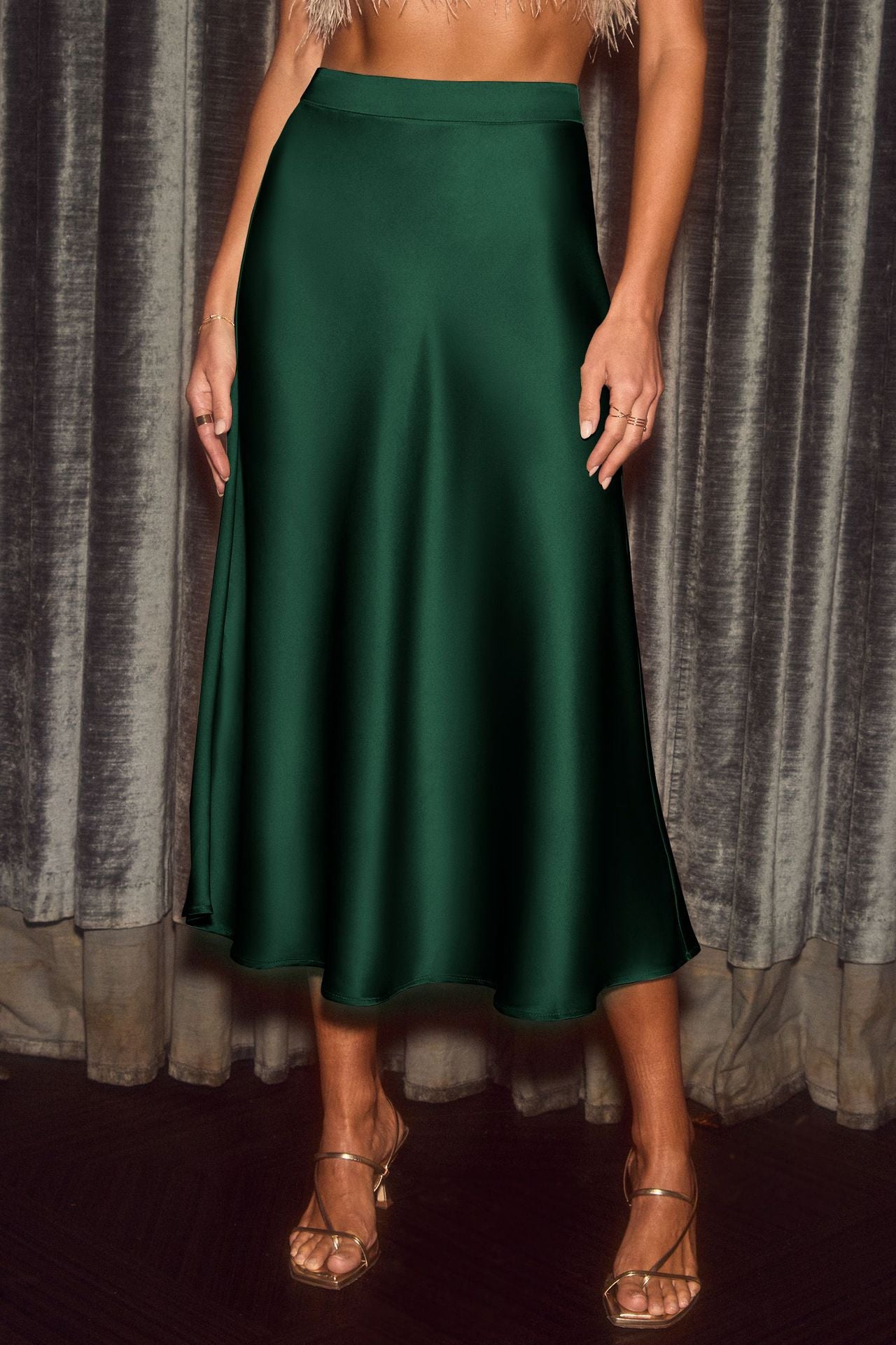 Damen schwingender Midirock aus satinähnlichem Material mit hohem Bund Sovae