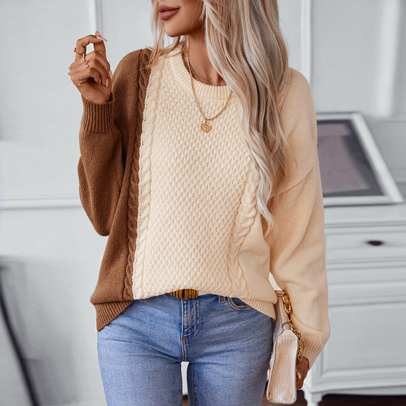 Damen modischer Pullover mit strukturiertem Zopfmuster und innovativem Farbblockdesign Sovae