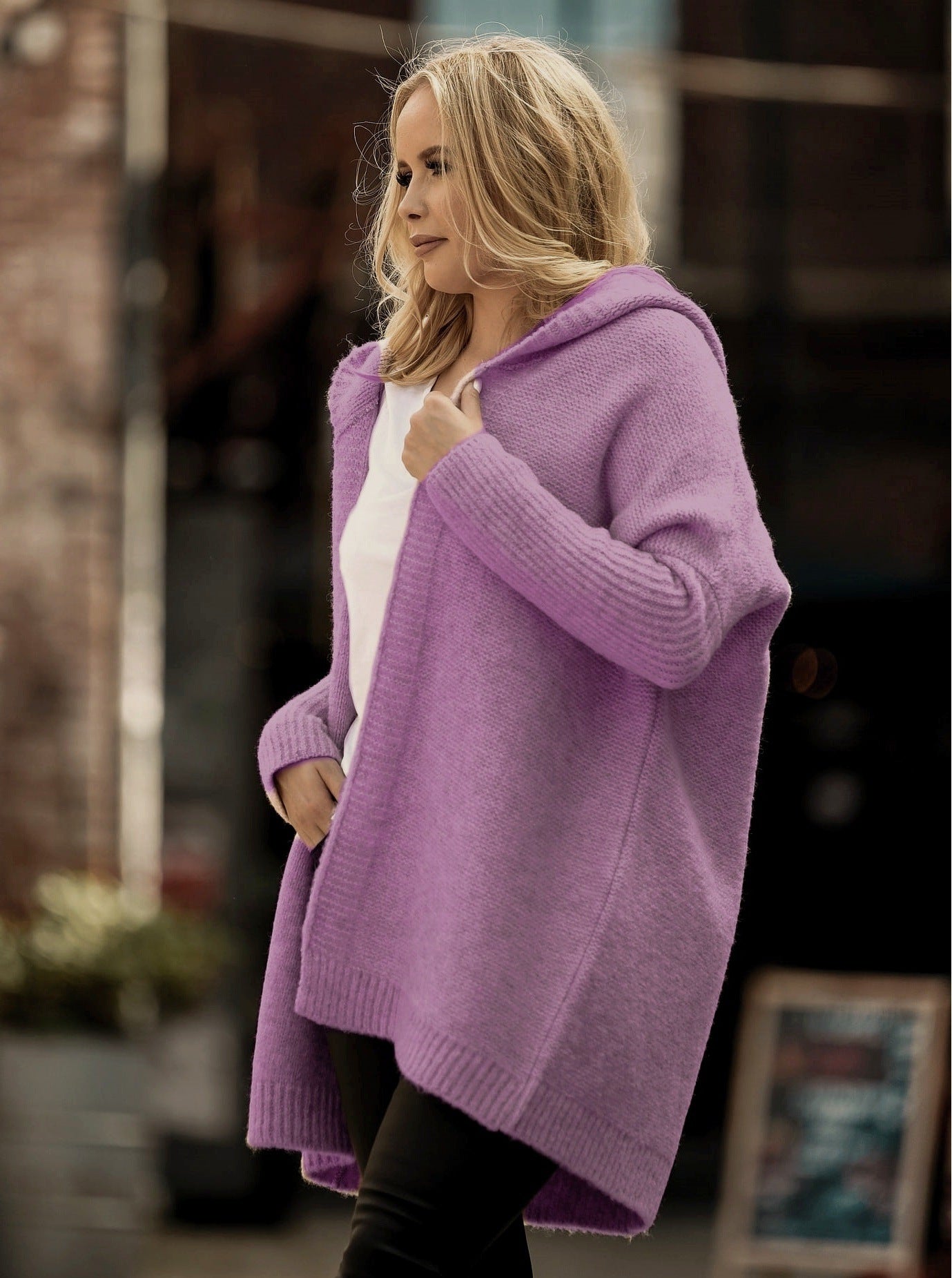 Damen lässiger Strickcardigan mit Kapuze und weiten Ärmeln Sovae