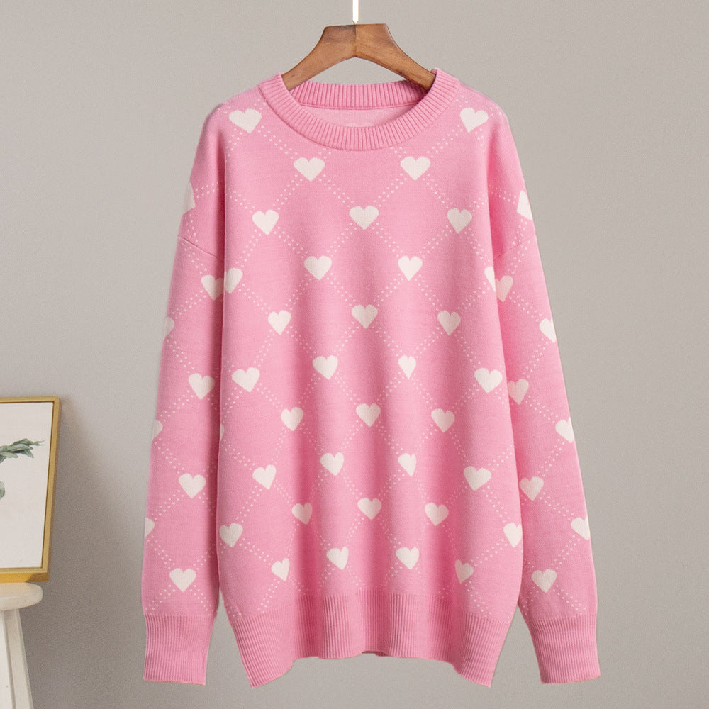 Damen Gemusterter Strickpullover mit Herzmotiv und lässigem Schnitt Sovae