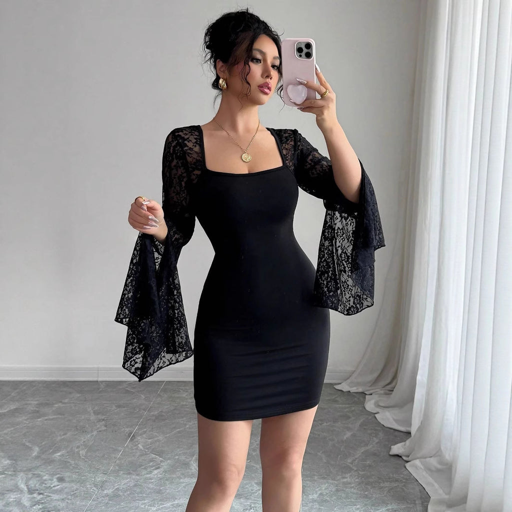 Damen Figurbetontes Kleid mit Spitzenärmeln Sovae