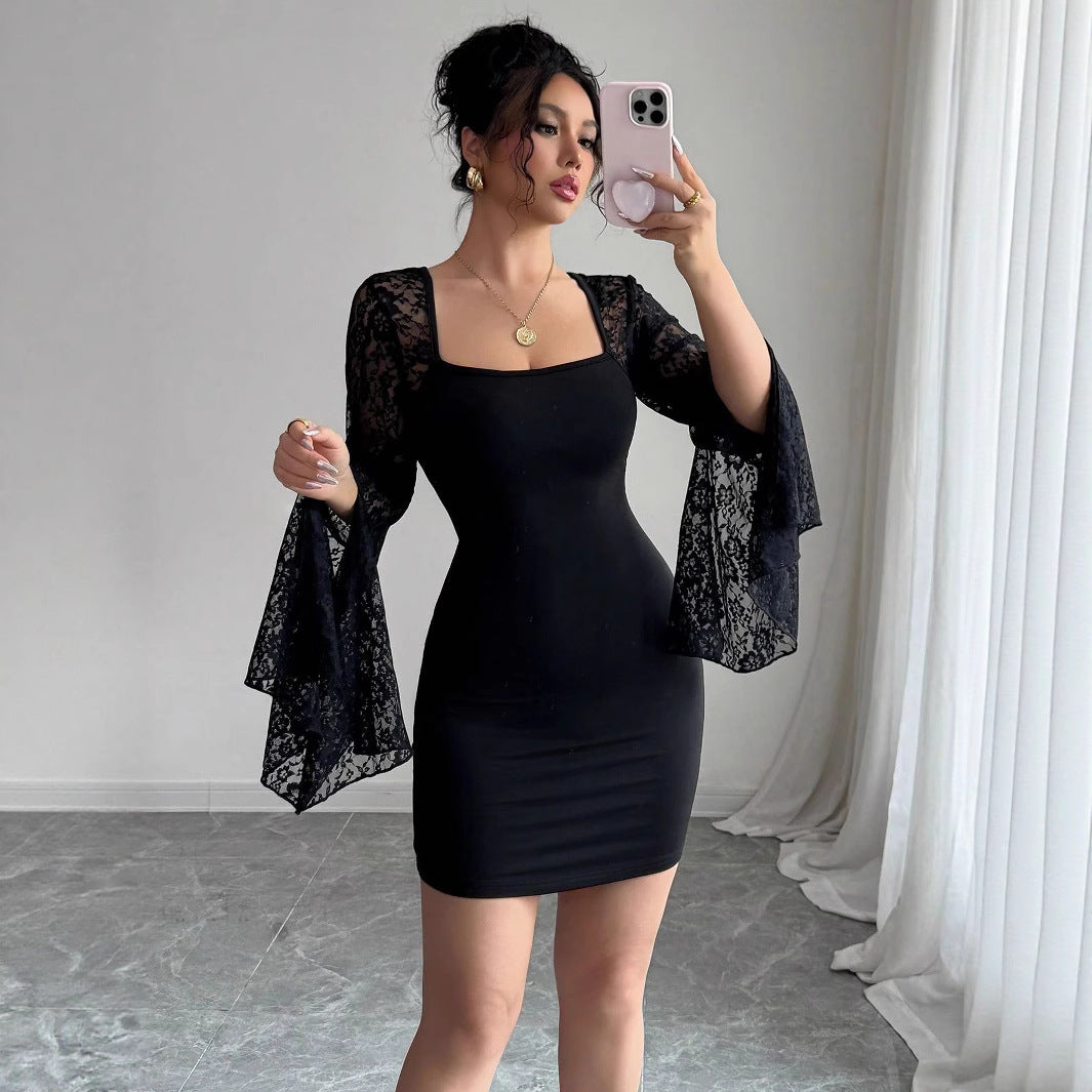 Damen Figurbetontes Kleid mit Spitzenärmeln Sovae